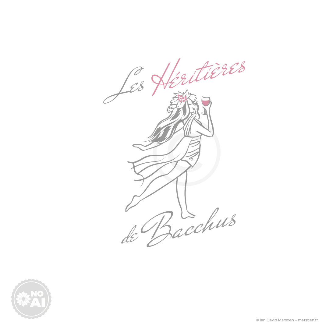 Version claire du logo Les Héritières de Bacchus représentant une silhouette féminine levant un verre, accompagnée d’un lettrage manuscrit.
