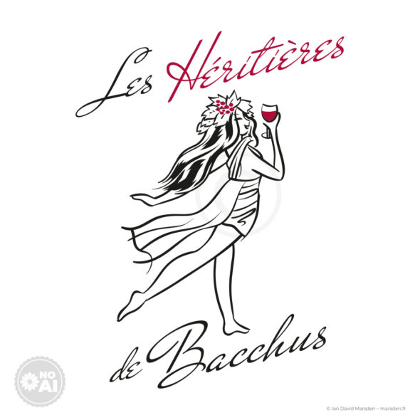 Logo Les Héritières de Bacchus avec une femme dessinée au trait, couronnée de vigne, levant un verre de vin sous un lettrage manuscrit noir et rouge.