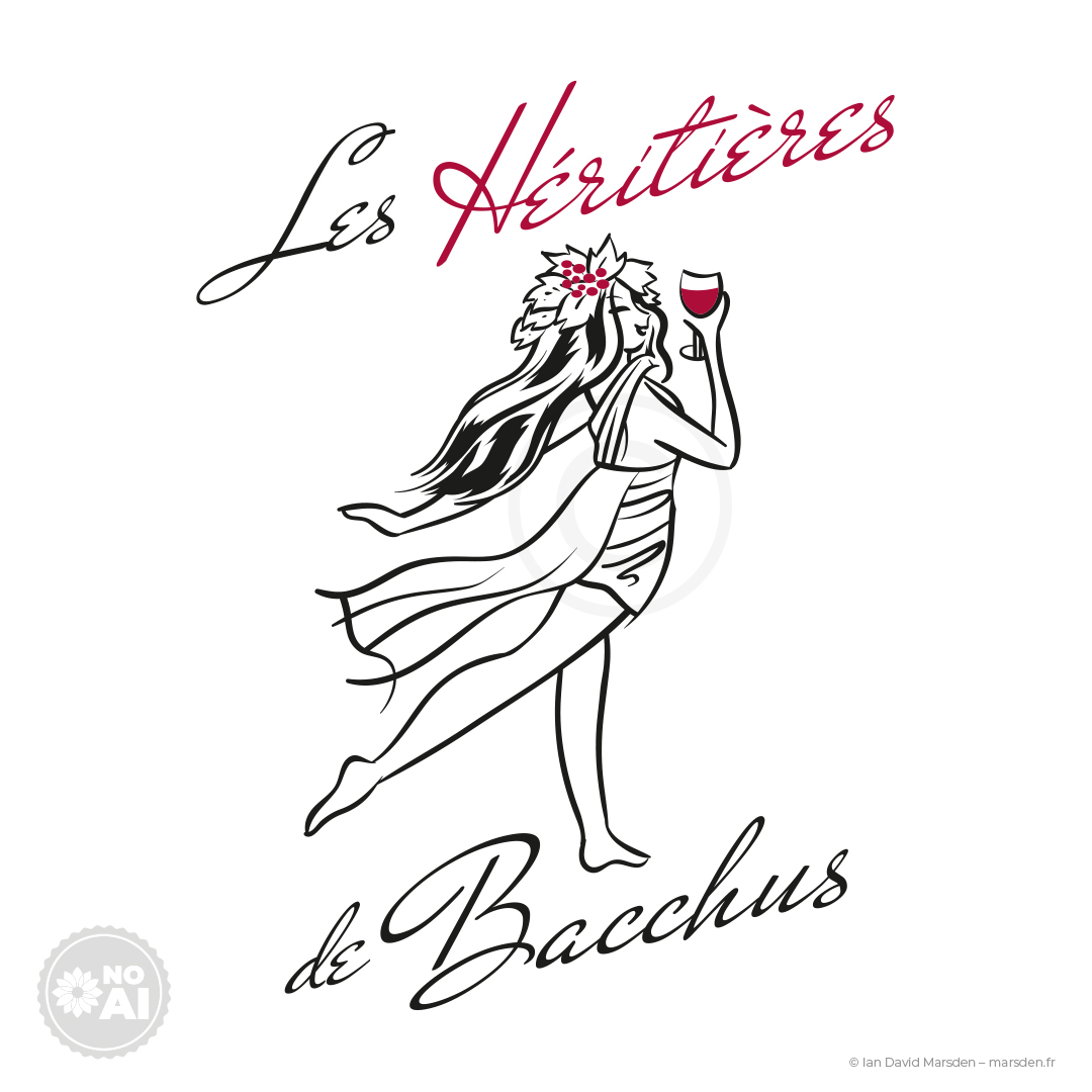Logo Les Héritières de Bacchus avec une femme dessinée au trait, couronnée de vigne, levant un verre de vin sous un lettrage manuscrit noir et rouge.