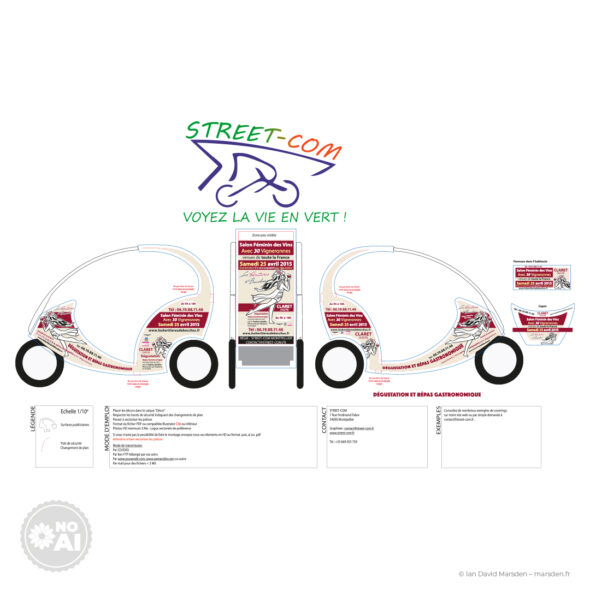 Plan technique du vélo-taxi publicitaire Les Héritières de Bacchus, présentant les différentes faces du véhicule et les éléments graphiques destinés aux adhésifs.