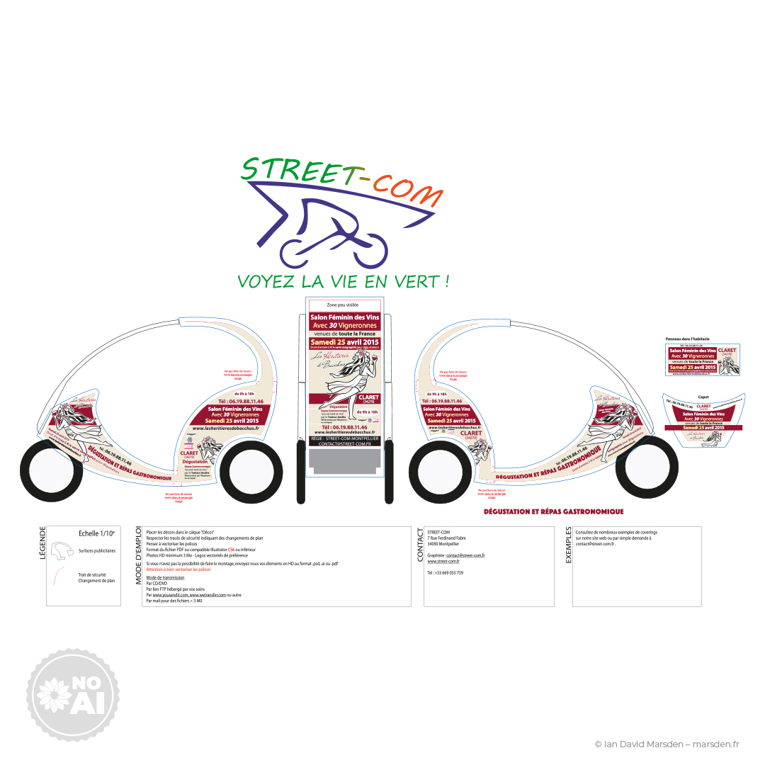 Plan technique du vélo-taxi publicitaire Les Héritières de Bacchus, présentant les différentes faces du véhicule et les éléments graphiques destinés aux adhésifs.