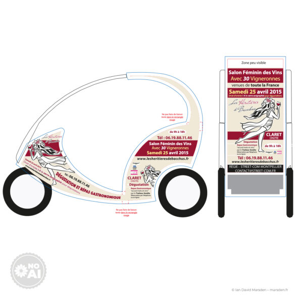 Dessin technique vectoriel montrant une face latérale et la face arrière d’un vélo-taxi, avec les adhésifs et l’identité visuelle Les Héritières de Bacchus.