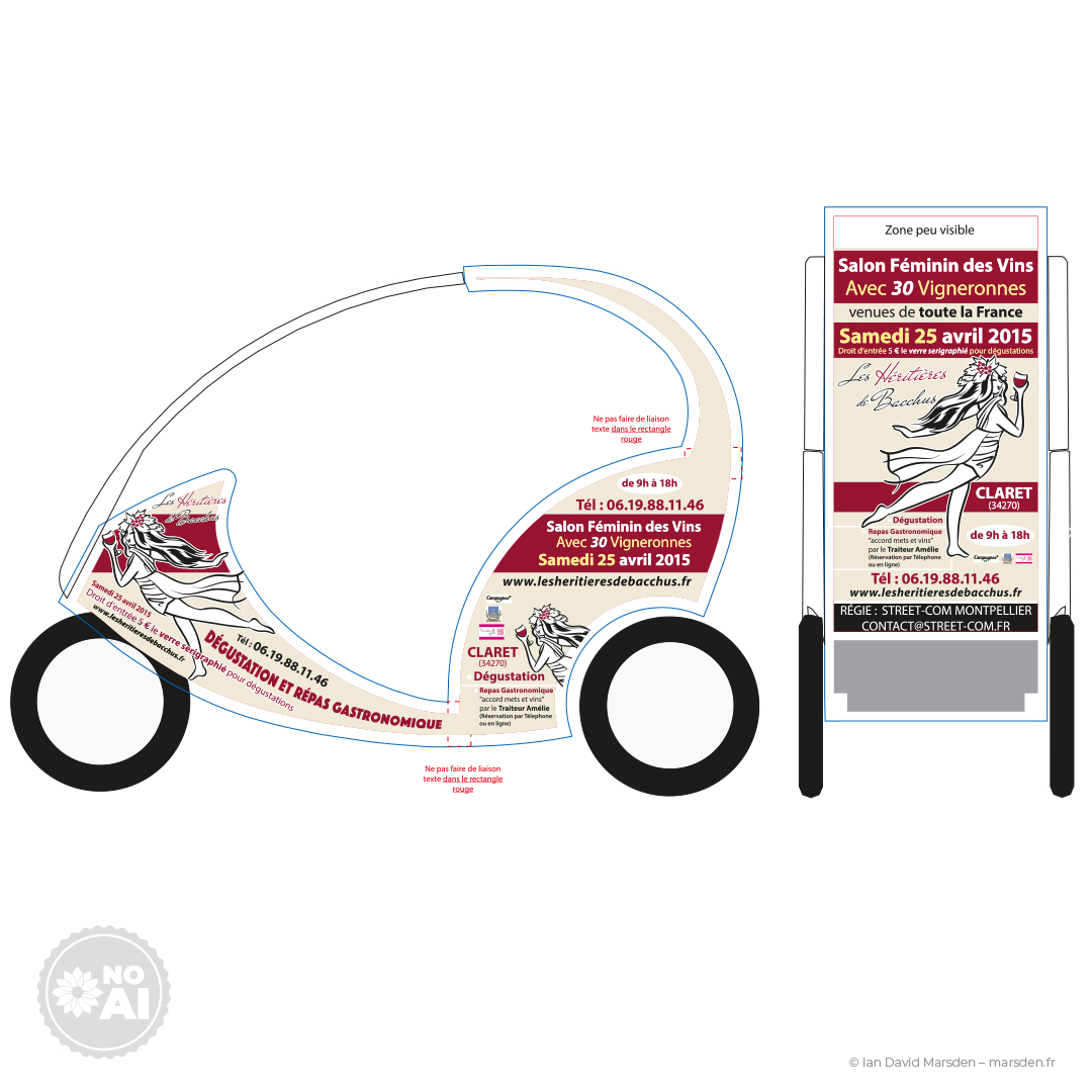 Dessin technique vectoriel montrant une face latérale et la face arrière d’un vélo-taxi, avec les adhésifs et l’identité visuelle Les Héritières de Bacchus.