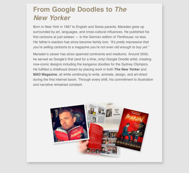 Collage showing Ian David Marsden holding his graphic novel Marvin, its red cover and illustrated interior pages.
