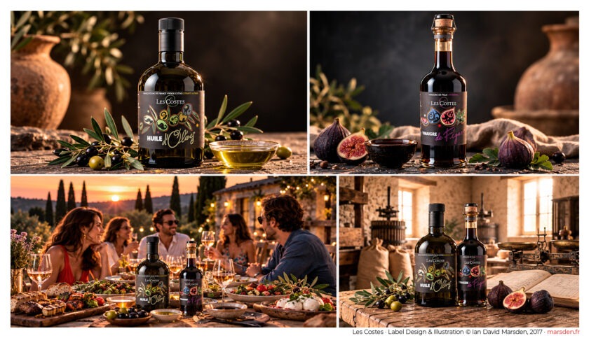 Four photographic presentations of illustrated olive oil and fig vinegar packaging designed by Ian David Marsden, including studio product shots, outdoor dining, and a traditional olive mill.
