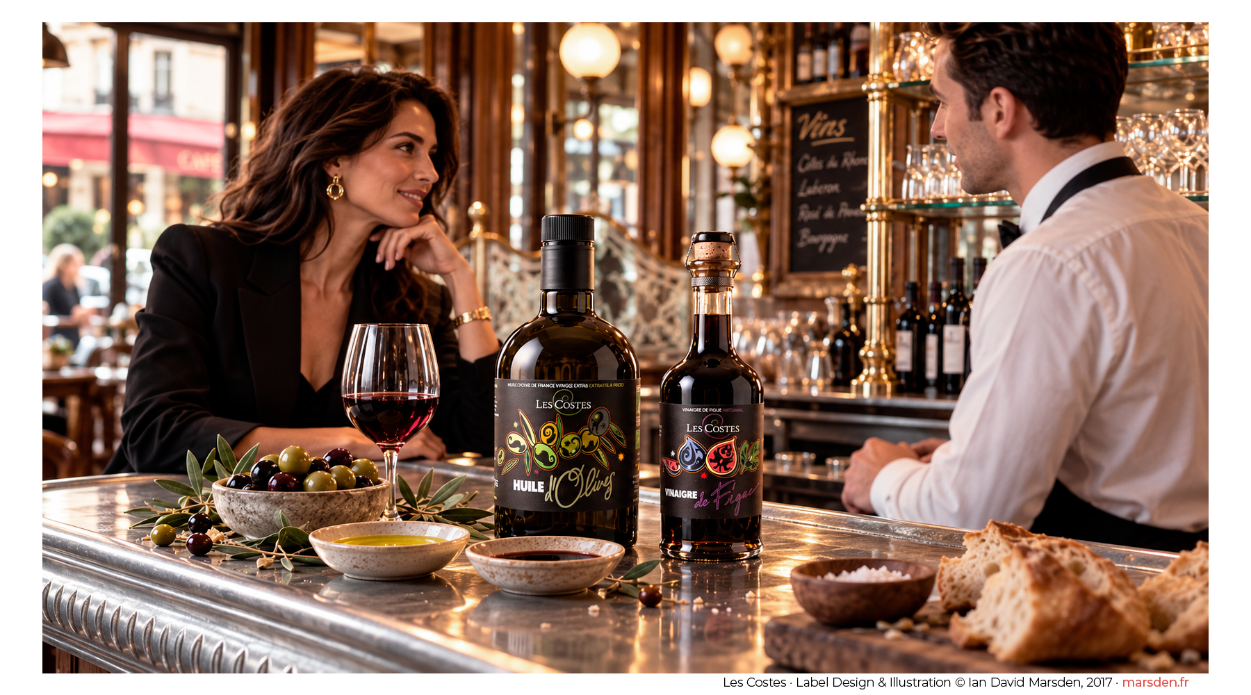 Olive oil and fig vinegar bottles featuring illustrated labels by Ian David Marsden on a traditional zinc bar, with a woman talking to a bartender.