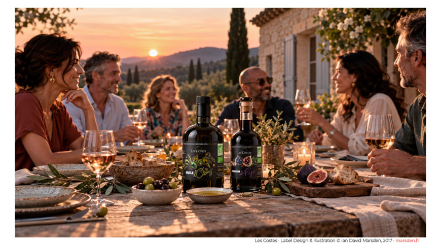 Illustrated olive oil and fig vinegar bottles designed by Ian David Marsden on a Mediterranean dining table, with friends enjoying an outdoor sunset gathering.