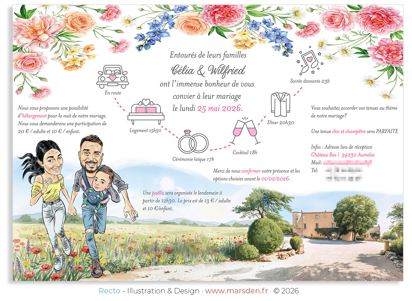 Complete interior design of a bespoke wedding invitation featuring family portraits, floral artwork, a château landscape and custom vector icons linked by a pink dotted timeline.