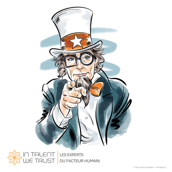 Hand-drawn interpretation of Uncle Sam pointing toward the viewer, wearing a tall hat, distinctive glasses and an orange bow tie.