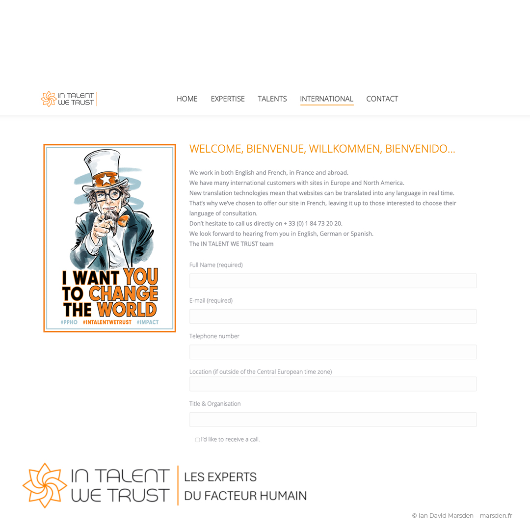 IN TALENT WE TRUST website contact page showing the illustrated Change the World campaign poster beside a contact form