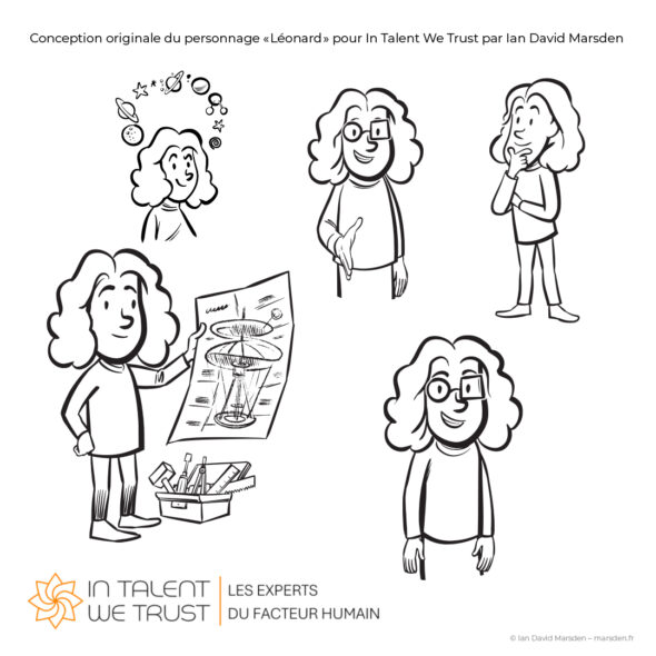 Five black-and-white illustrations of Léonard thinking, greeting, presenting a technical drawing and imagining planetary systems.