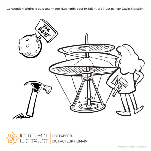 Black-and-white illustration of Léonard examining a Renaissance-style flying machine, accompanied by a hammer, tools and a small “For Rent” sign.