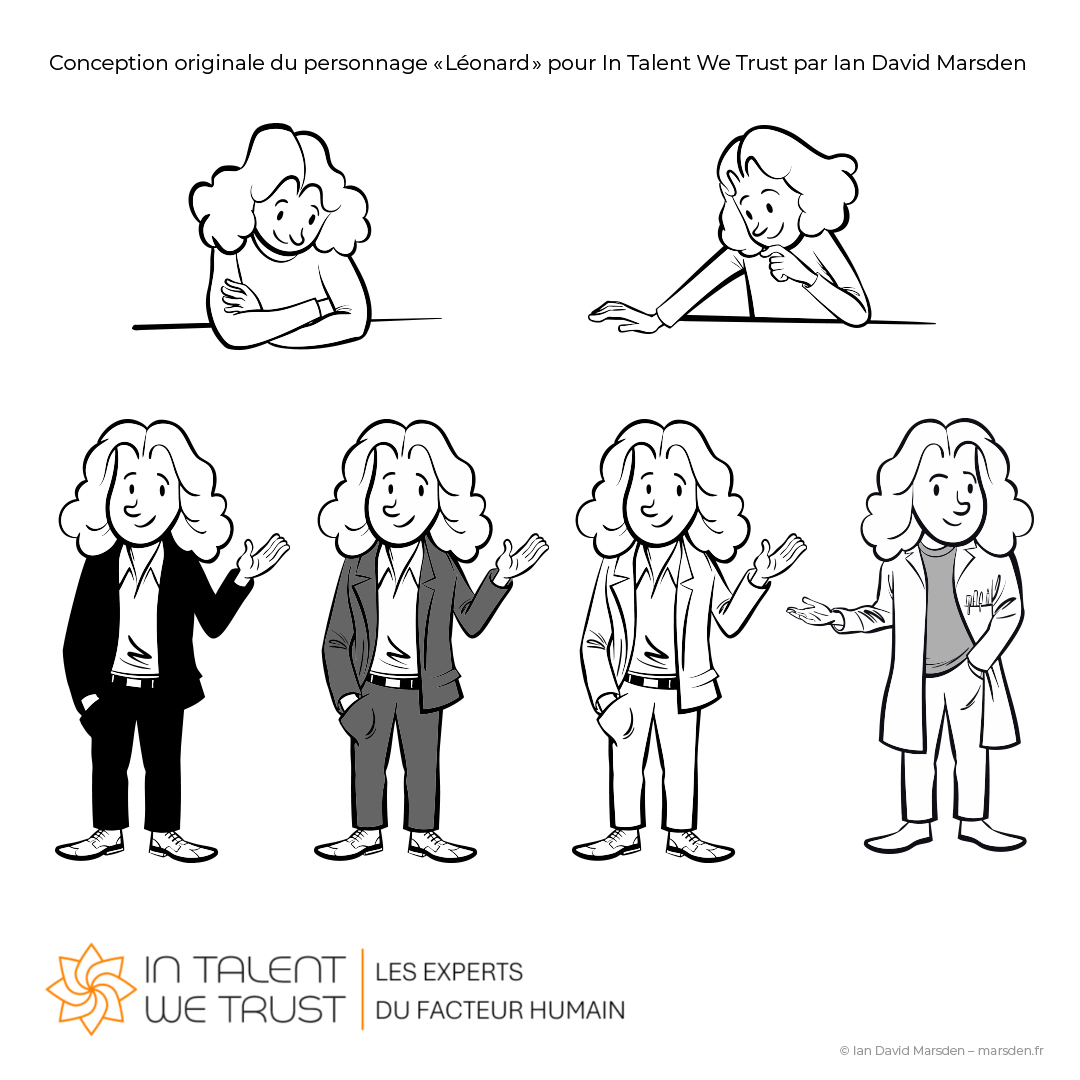 Character development sheet showing Léonard in seated poses and full-body business, casual and scientific variations