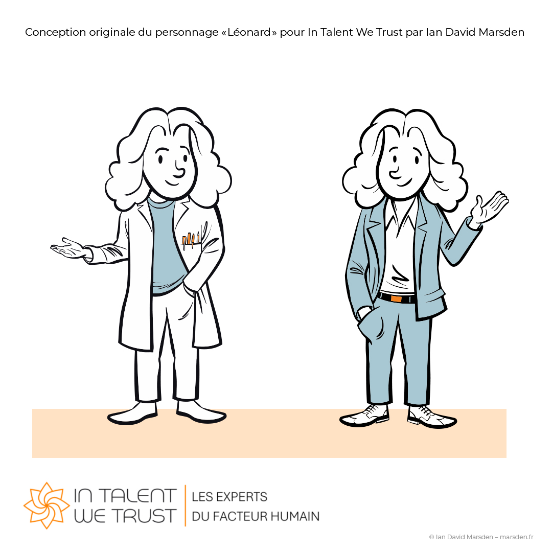 Two colored illustrations of Léonard dressed as a scientist and as a business professional