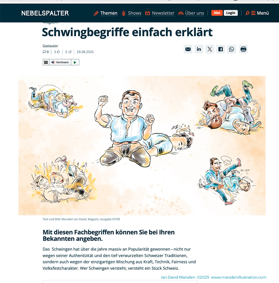 Nebelspalter-Veröffentlichung «Schwingbegriffe einfach erklärt»: Schwingen-Cartoons von Schweizer Zeichner Ian David Marsden zum ESAF 2025