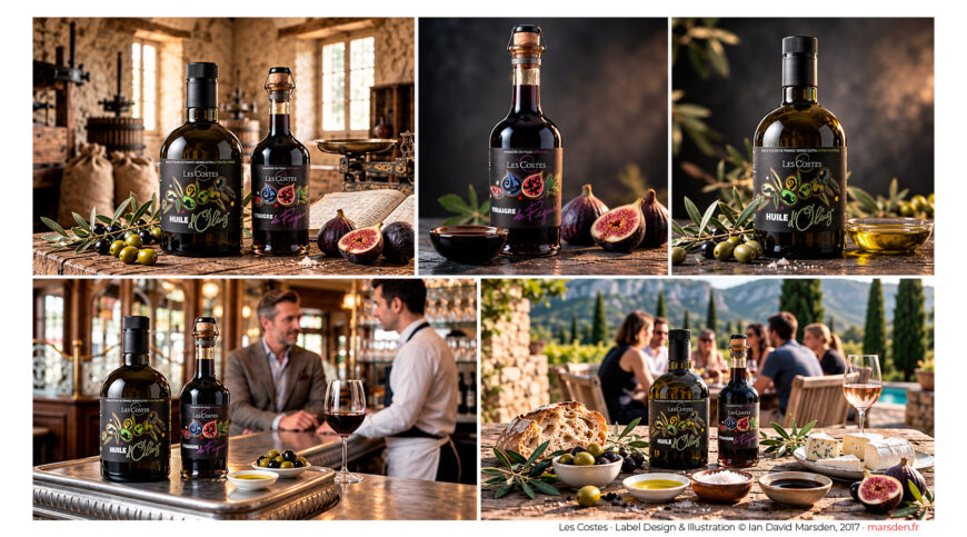 Five photographic views of artisan olive oil and fig vinegar packaging designed by Ian David Marsden, including studio portraits, a French mill, bistro, and outdoor dining scene.