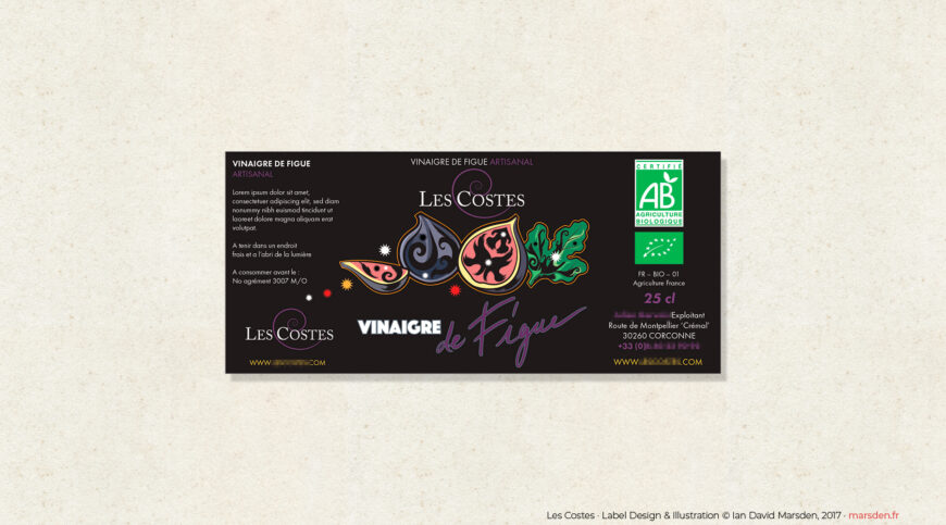 Original flat fig vinegar label designed by Ian David Marsden, featuring decorative illustrations of figs and leaves, purple handwritten-style lettering, and product information.