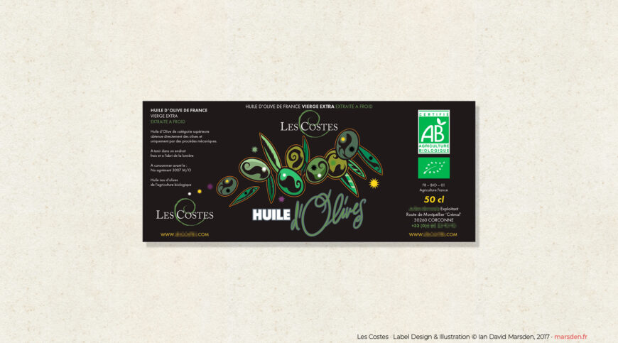 Original flat olive oil label designed and illustrated by Ian David Marsden, featuring stylized green olives, decorative vector artwork, ornamental lettering, and product information.
