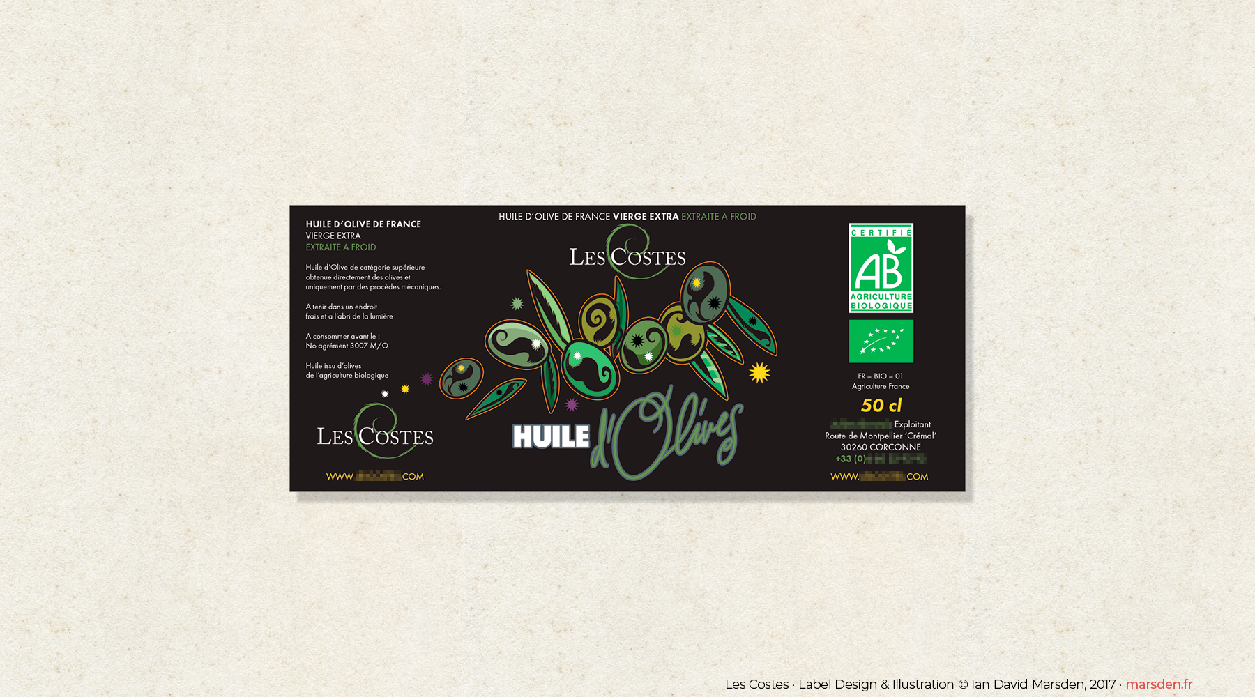Original flat olive oil label designed and illustrated by Ian David Marsden, featuring stylized green olives, decorative vector artwork, ornamental lettering, and product information.