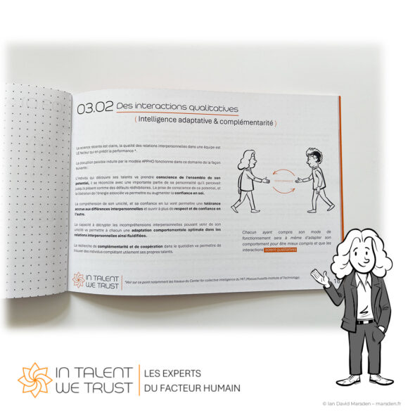 Open PPHO learning guide showing a French-language section about adaptive intelligence and complementary interactions, with two illustrated people approaching one another.