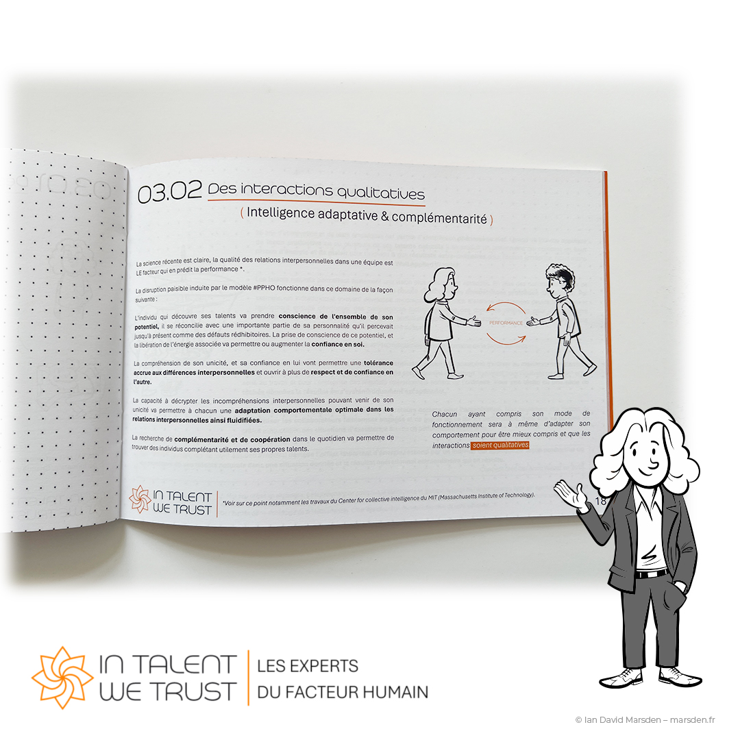 Printed PPHO learning guide showing adaptive-intelligence material and an illustration of two people approaching one another