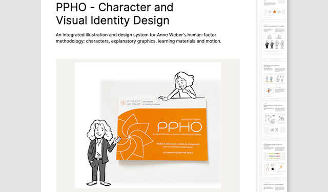 PPHO case study thumbnail featuring Léonard character illustrations and visual communication artwork created by Ian David Marsden for IN TALENT WE TRUST.
