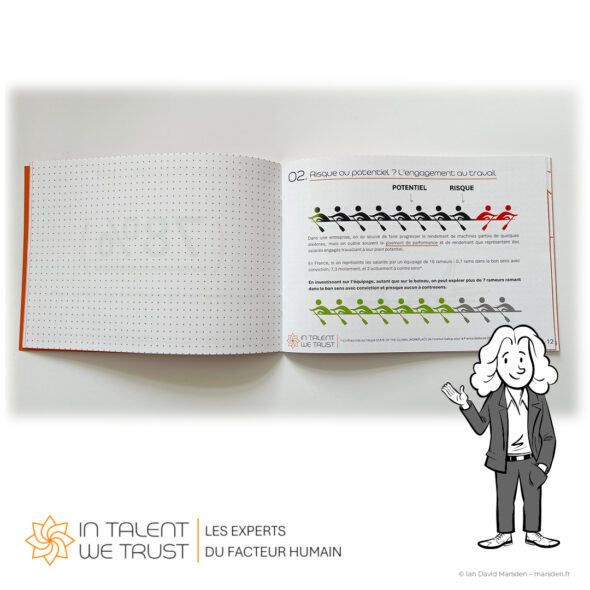 Open PPHO booklet displaying colored rowing-team diagrams used to illustrate employee engagement, collective performance and organizational risk.