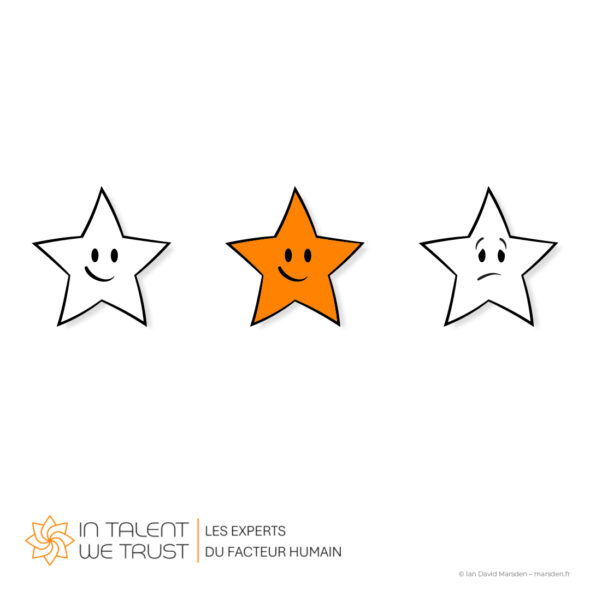 Three illustrated star characters displaying happy, confident and concerned expressions, including one filled with orange.