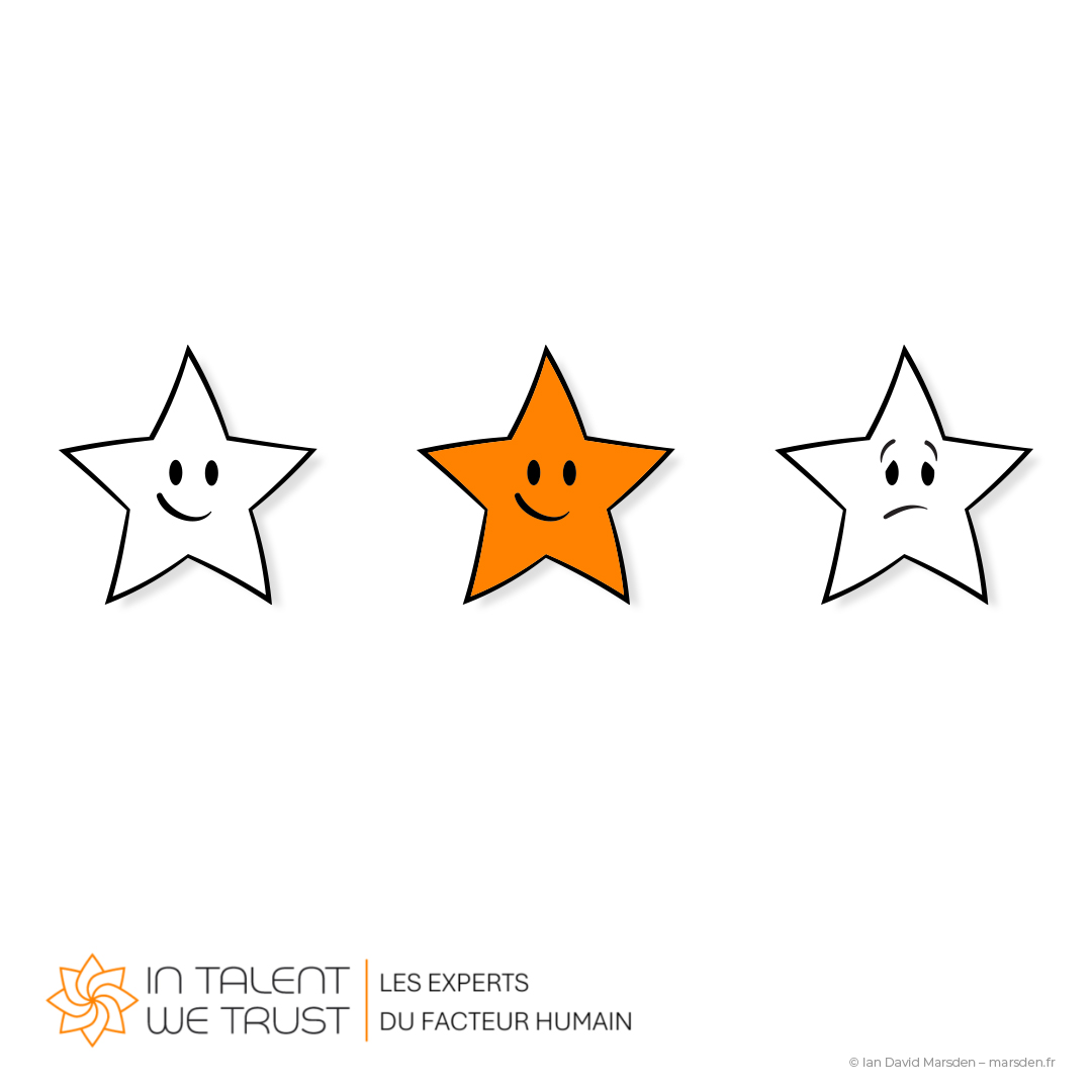 Three expressive star icons with happy, confident and concerned faces, including one orange star