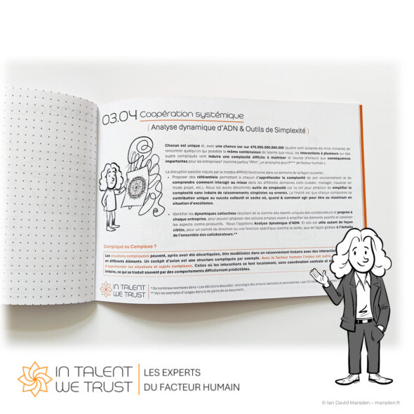 Open PPHO learning guide showing a French-language chapter about systemic cooperation, with explanatory illustrations and a larger Léonard character beside the booklet.