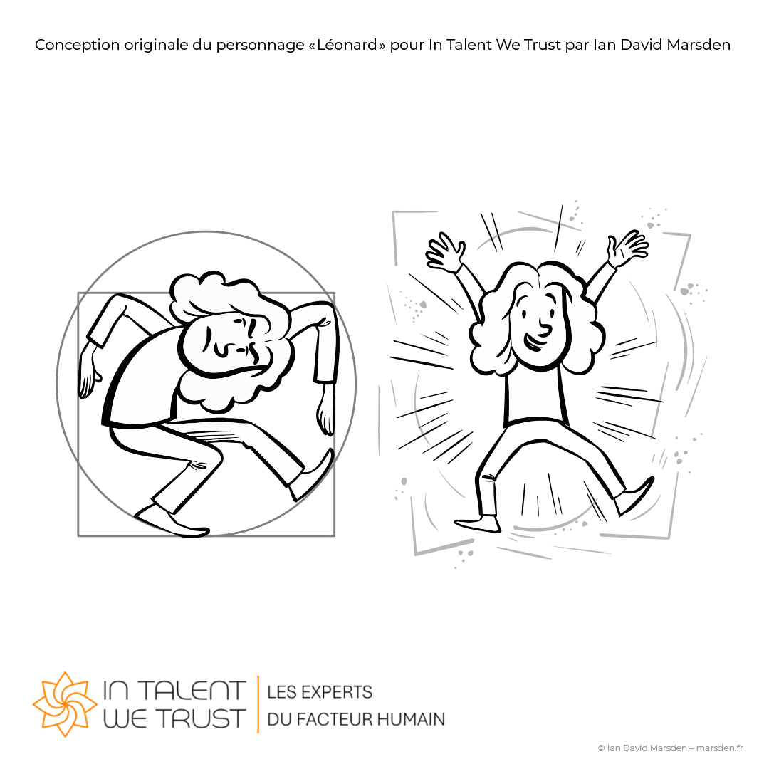 Two black-and-white illustrations of Léonard, first confined inside a geometric construction and then breaking free with raised arms