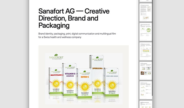 Sanafort AG case study showing Swiss health product brand identity, packaging, catalogs and visual communication designed by Ian David Marsden