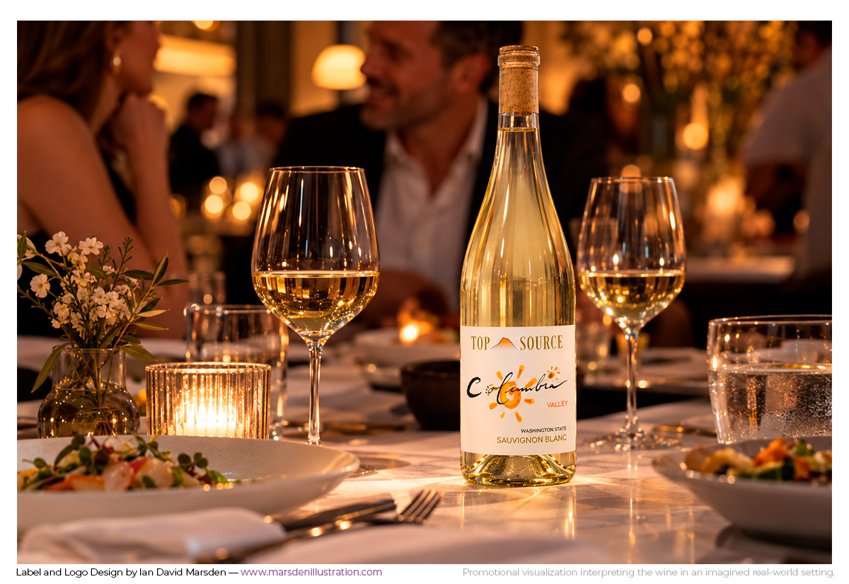 Top Source Columbia Valley Sauvignon Blanc bottle on a restaurant table with wine glasses, showing the orange Columbia identity and gold Top Source branding.