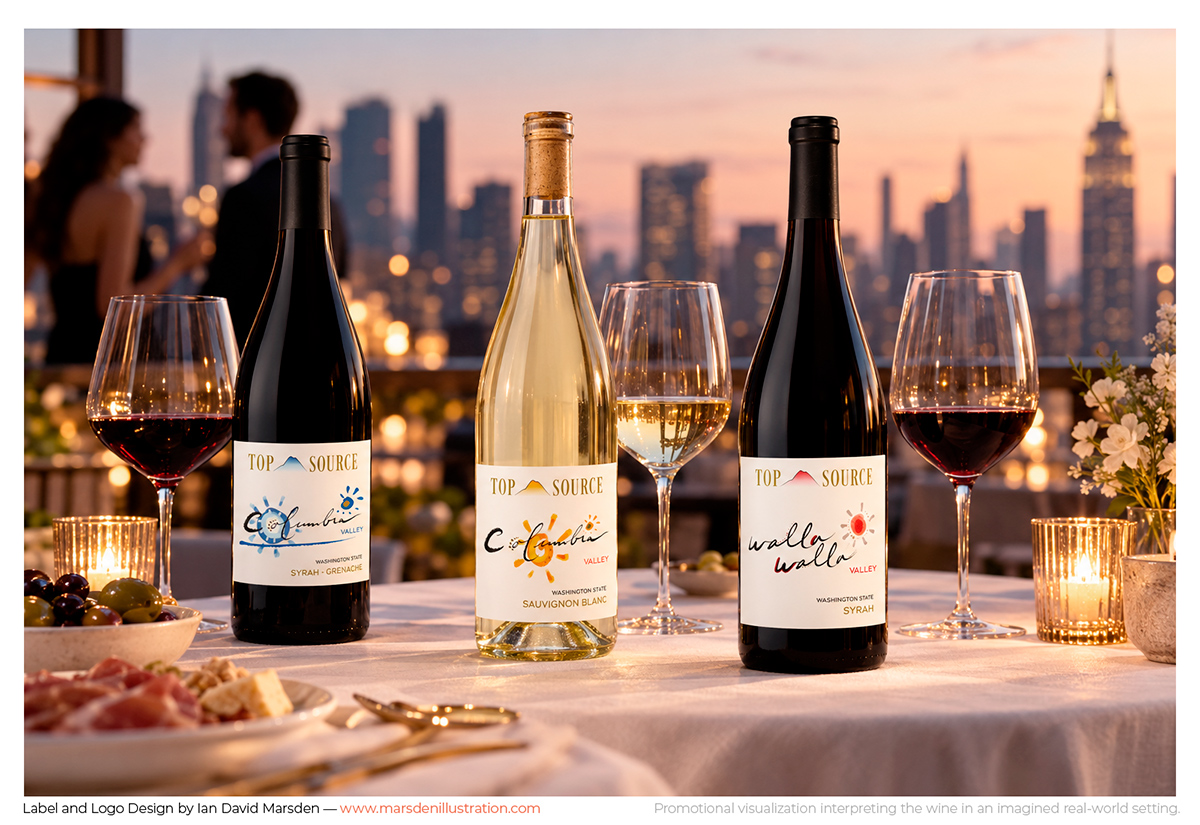 Top Source Washington State wine label redesign with three bottles featuring contemporary branding, hand-drawn lettering and painted graphic elements by Ian David Marsden