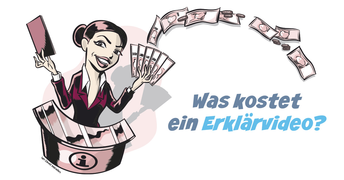 Titelbild «Was kostet ein Erklärvideo?» mit einer Cartoon-Figur und Geldscheinen
