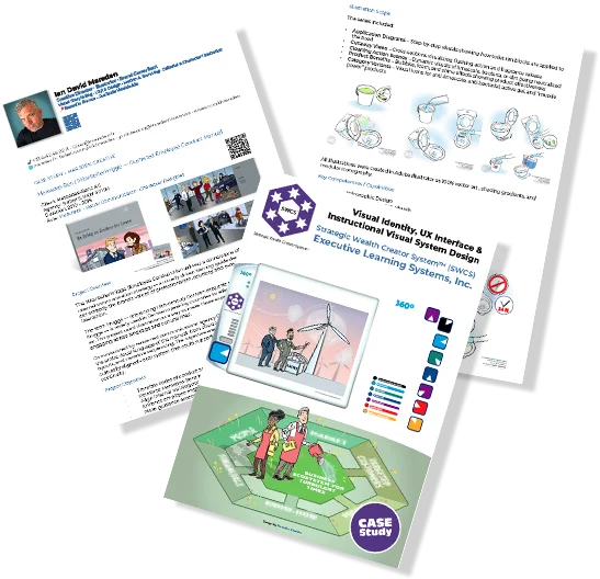 instructional illustration and business communication case studies including strategic frameworks, training systems and visual process diagrams